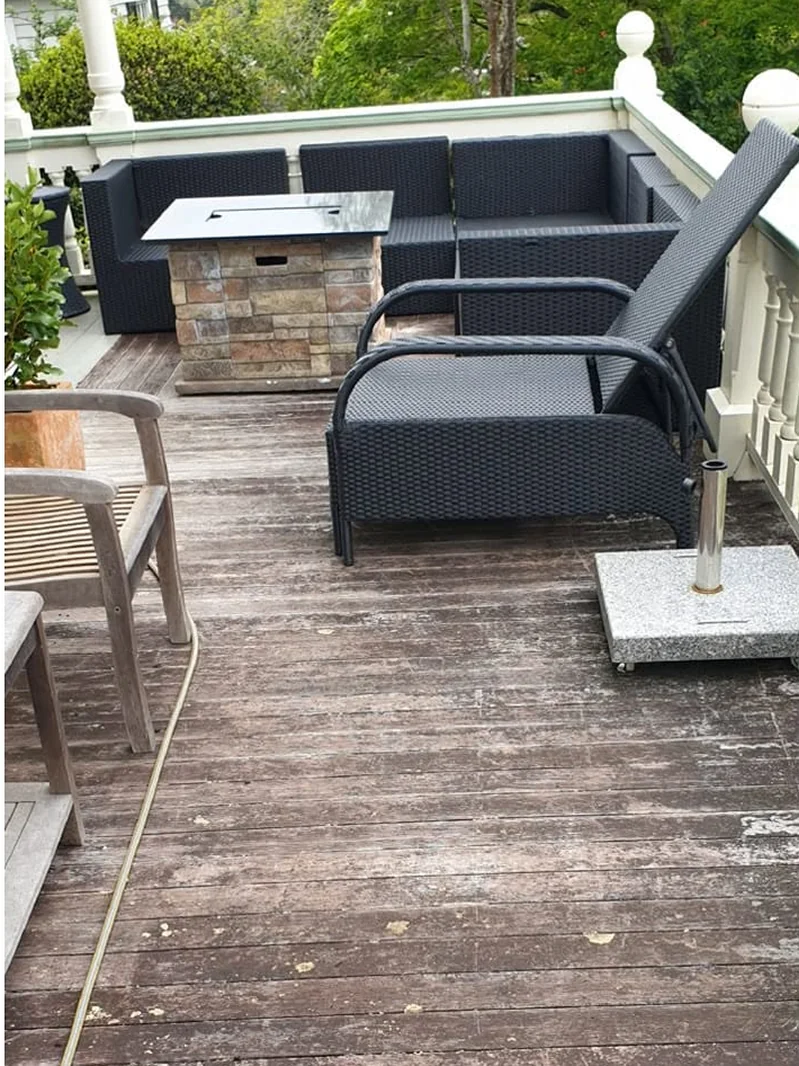 Weathered timber deck before cleaning